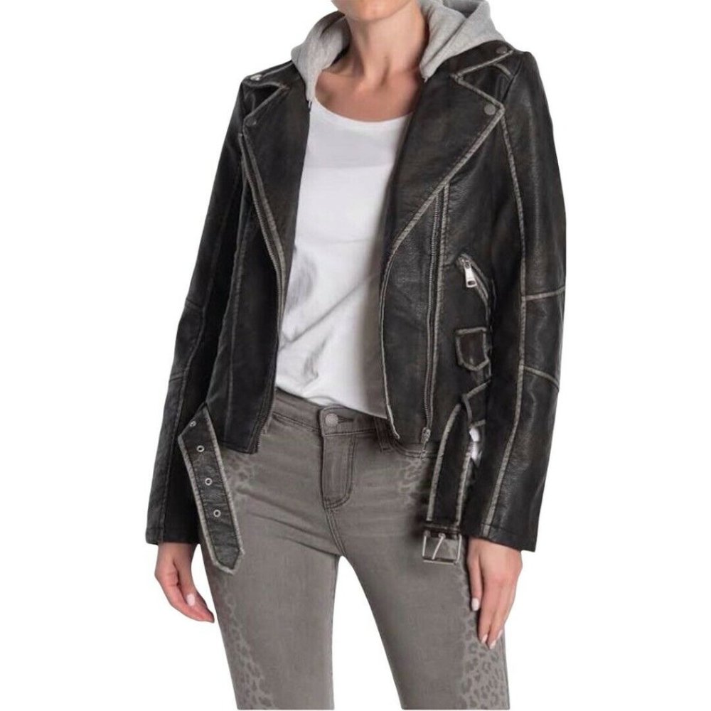 Vigoss Washed Black Faux Leather Hooded Moto Jacket Size XS